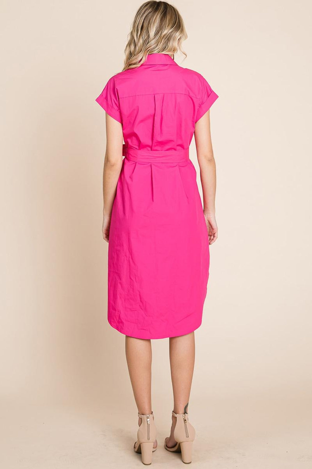 Button Up Tie Waist Poplin Pocketed Shirt Dress