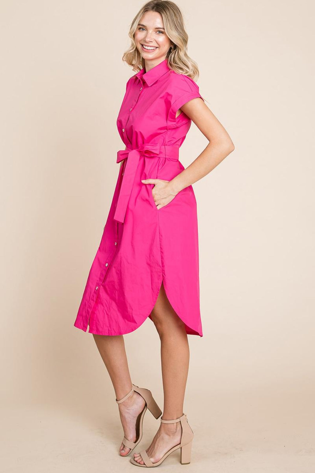 Button Up Tie Waist Poplin Pocketed Shirt Dress
