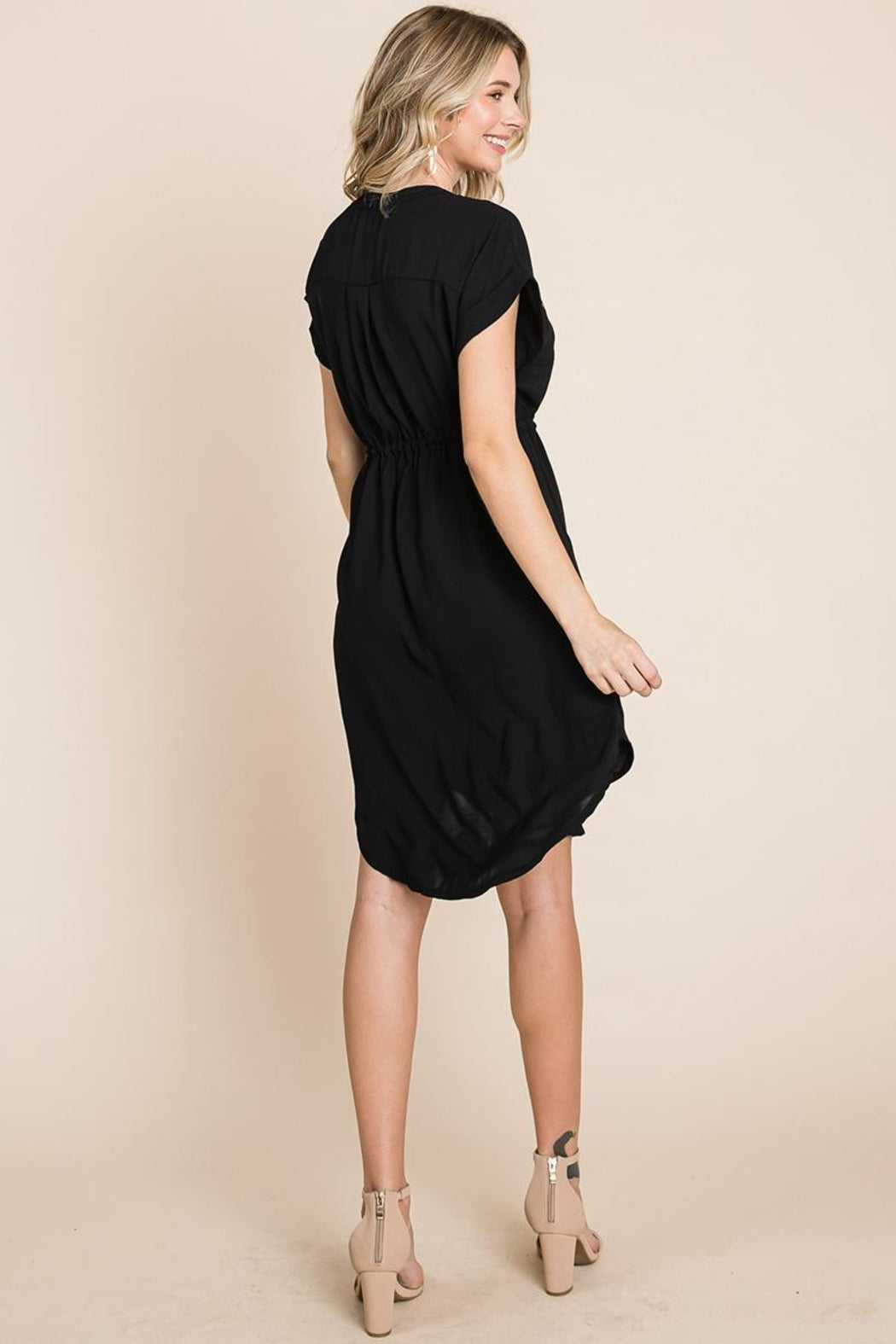 Button Up Tie Waist V Neck Shirt Dress