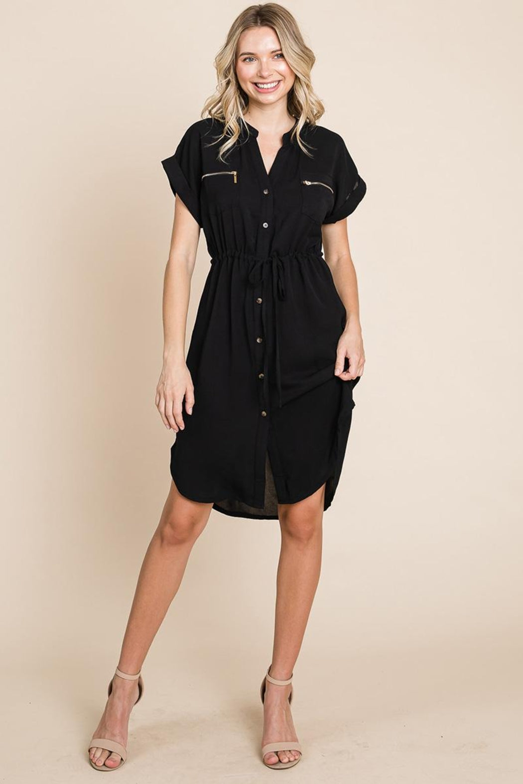 Button Up Tie Waist V Neck Shirt Dress