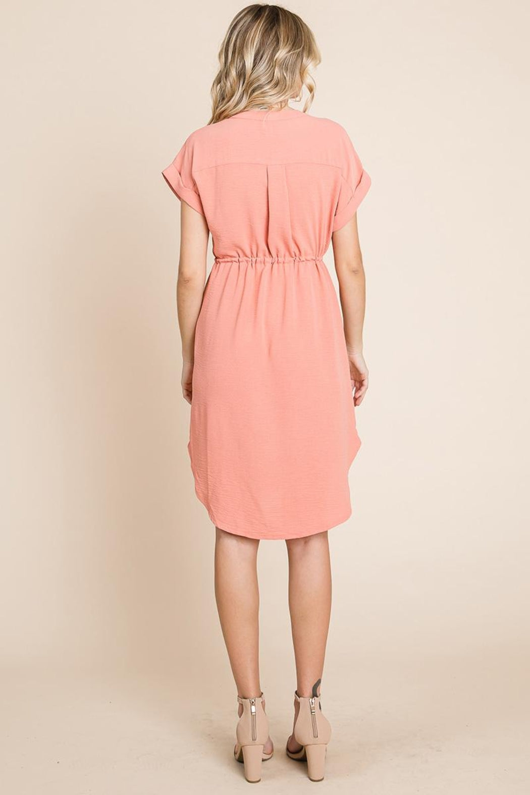 Button Up Tie Waist V Neck Shirt Dress