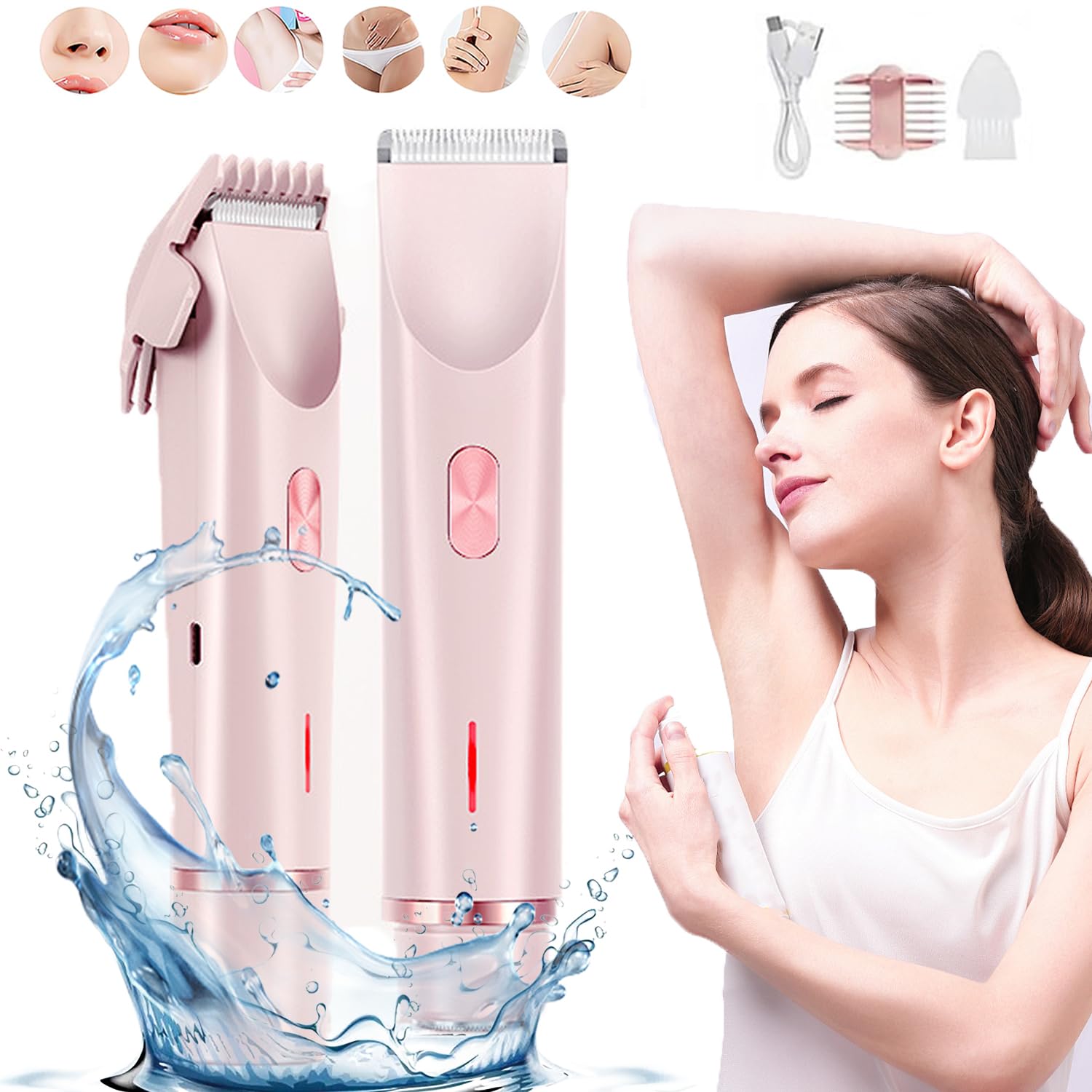 Serined Shaver, Serinedshave - 2-in-1 Women's Body Shaver, Beauty Bloom Electric Razor, 2-in-1 Women's BodyShaver, Smoovi 2.0 BikiniShaver, Dual Head Wet & Dry, for Pubic Hair (Pink)