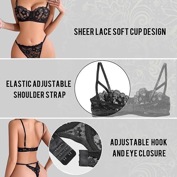 Sexy Floral Lace Lingerie for Women Sheer Bra and Panty Set with Underwire Soft Lace Push Up Lingerie Set