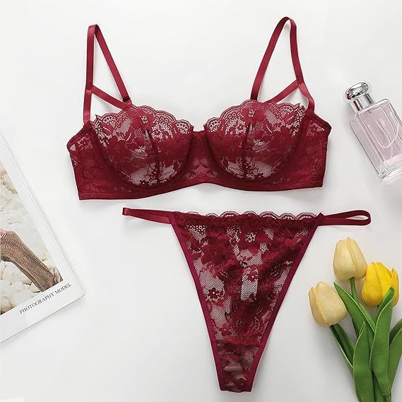 Sexy Floral Lace Lingerie for Women Sheer Bra and Panty Set with Underwire Soft Lace Push Up Lingerie Set