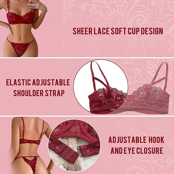 Sexy Floral Lace Lingerie for Women Sheer Bra and Panty Set with Underwire Soft Lace Push Up Lingerie Set