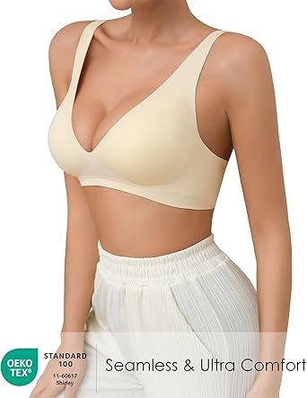 SHARICCA Pro Seamless Bra for women Deep V Neck WireFree Bra Adjustable Strap Comfort Sleep Bra Removable Padded Bralette