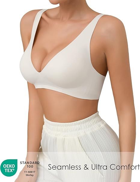 SHARICCA Pro Seamless Bra for women Deep V Neck WireFree Bra Adjustable Strap Comfort Sleep Bra Removable Padded Bralette