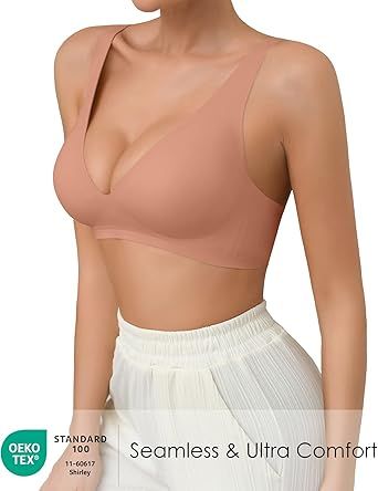 SHARICCA Pro Seamless Bra for women Deep V Neck WireFree Bra Adjustable Strap Comfort Sleep Bra Removable Padded Bralette