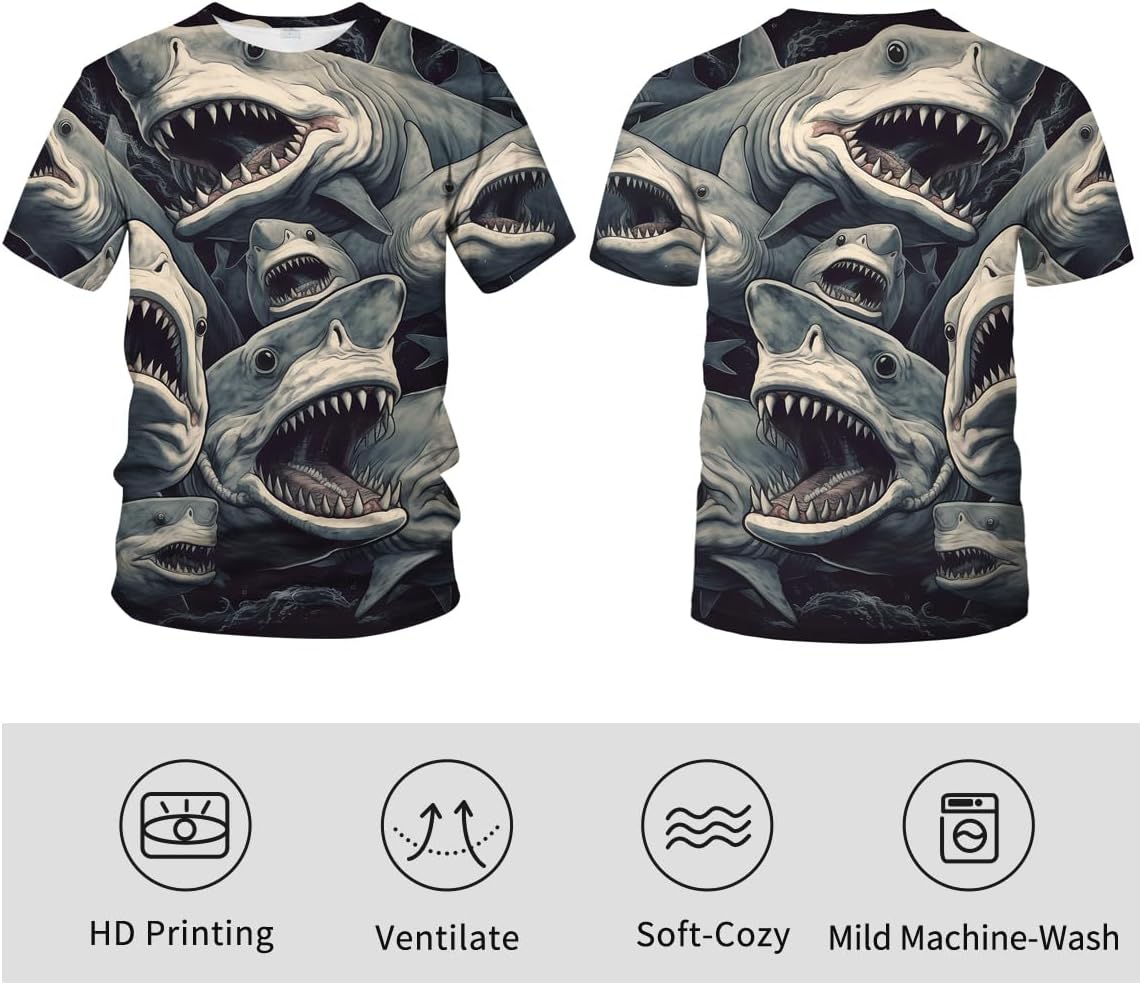 Shark Attack Shirt for Men Women 3D Shark Graphic T-Shirts Animal Short Sleeve Casual Tees