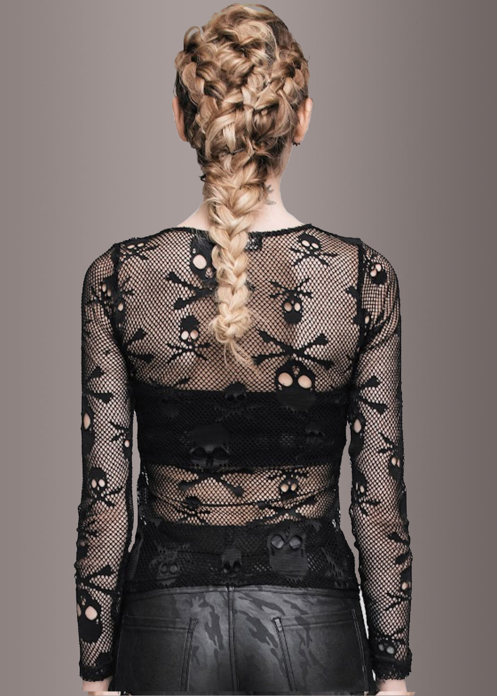 Sheer Long Sleeve Fishnet Top with Skull Design