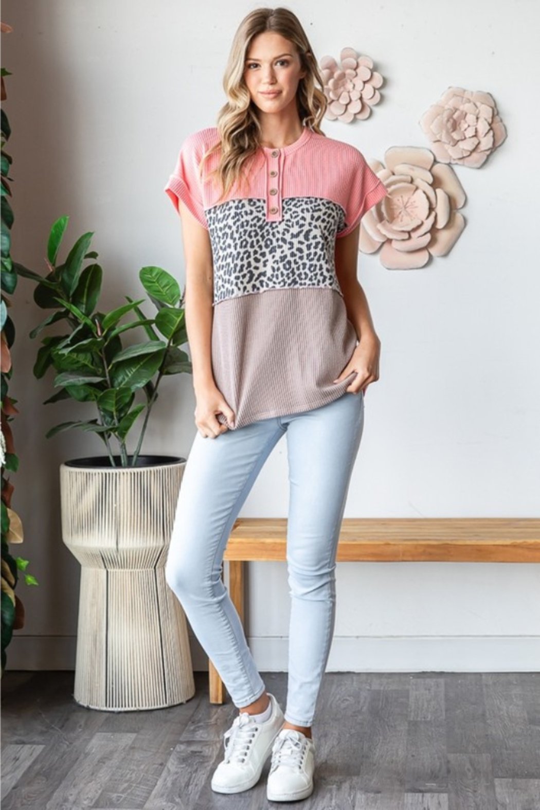 Short Sleeve Animal Color Block Top