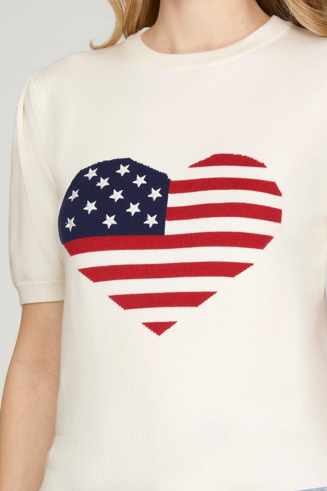 SHORT SLEEVE HEART AMERICAN FLAG SWEATER TOP