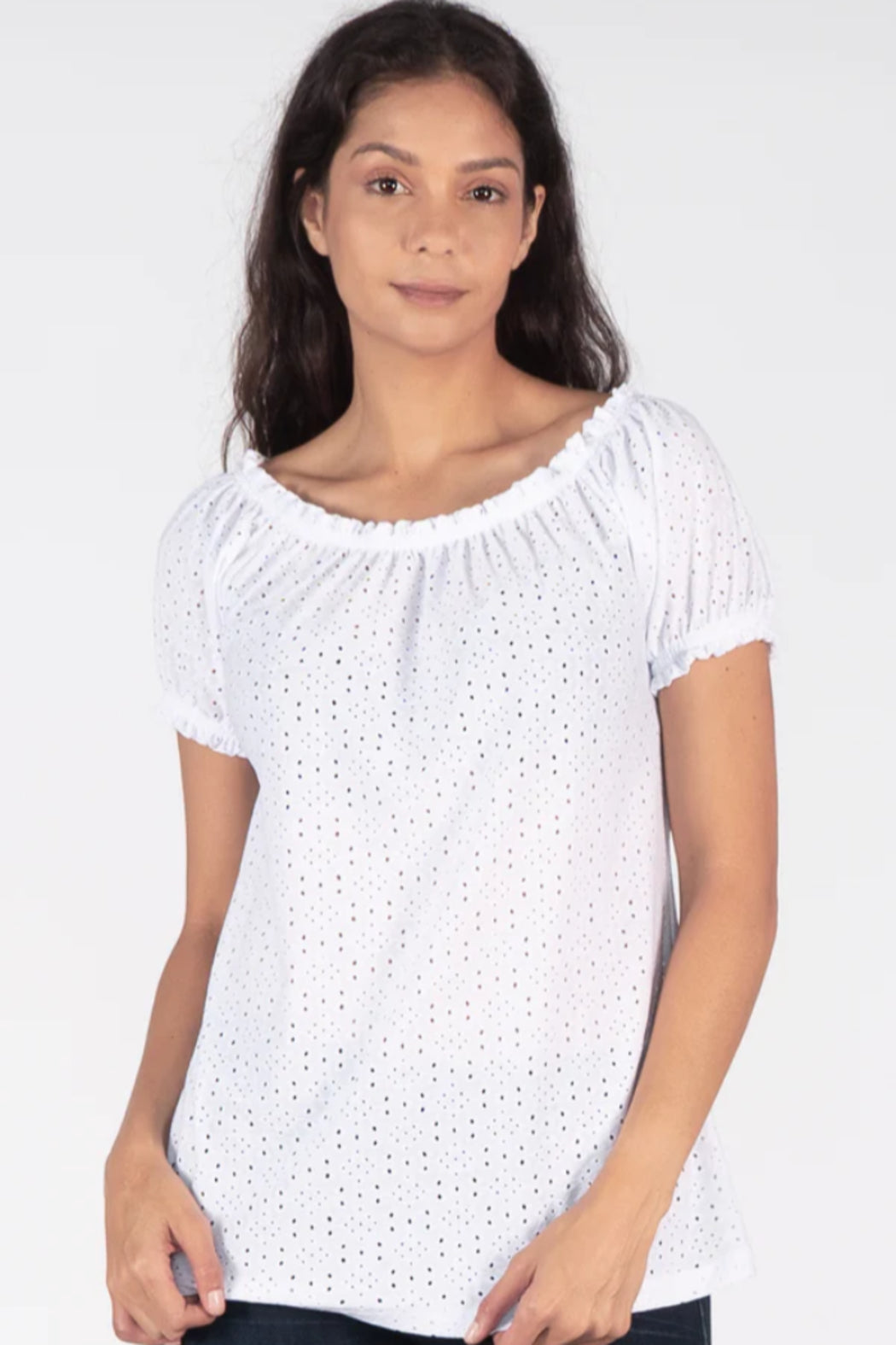 Short sleeve peasant top w/elastic neckline and sleeve hem
