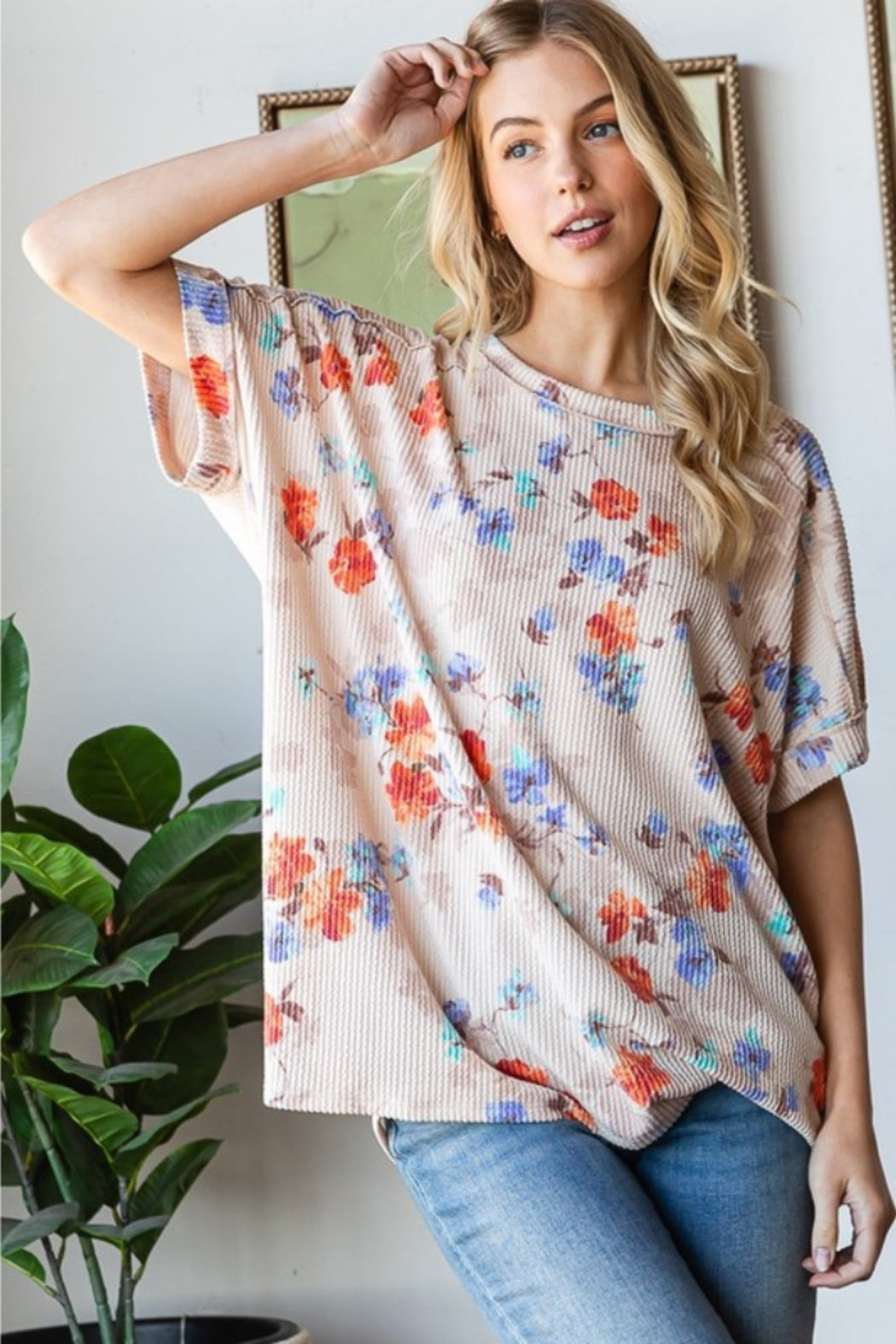 Short Sleeve Round Neck Multi Floral Print Top