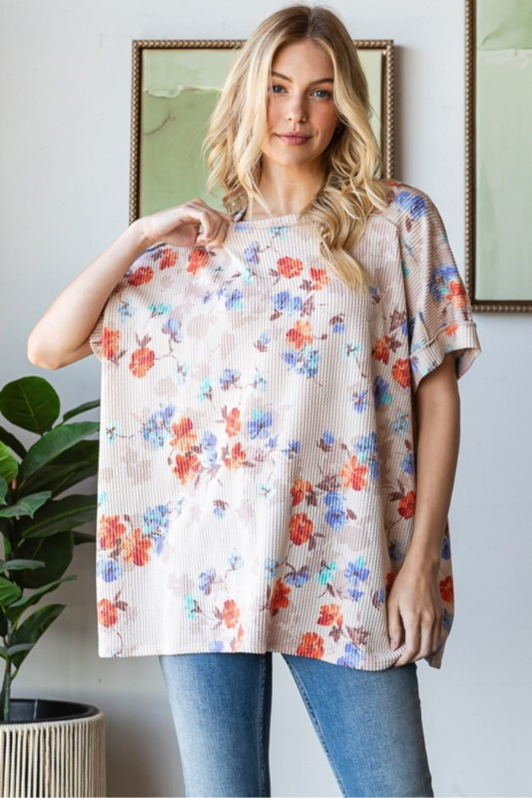 Short Sleeve Round Neck Multi Floral Print Top