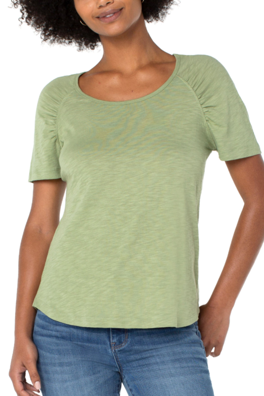 Short Sleeve Shirred Raglan Slub Knit Tee