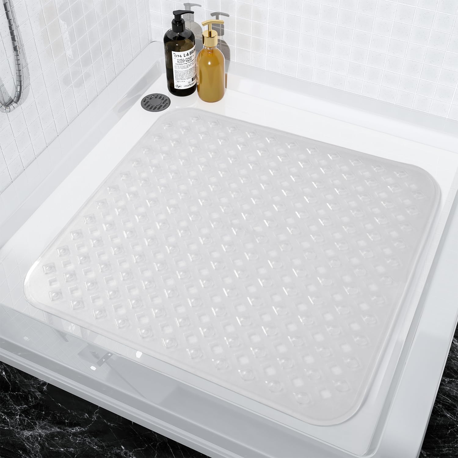 Shower Mat Non Slip, 21"x21" Machine Washable Shower Mats for Inside Shower with Suction Cups and Drain Holes, Extra Safe Standing Bathtub Mat,Bathroom Accessories
