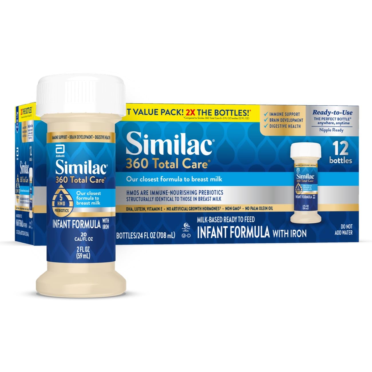 Similac 360 Total Care Infant Formula, Has 5 HMO Prebiotics, Our Closest Prebiotic Blend to Breast Milk, Non-GMO, Baby Formula, Ready to Feed, 2-fl-oz Bottle, Pack of 48