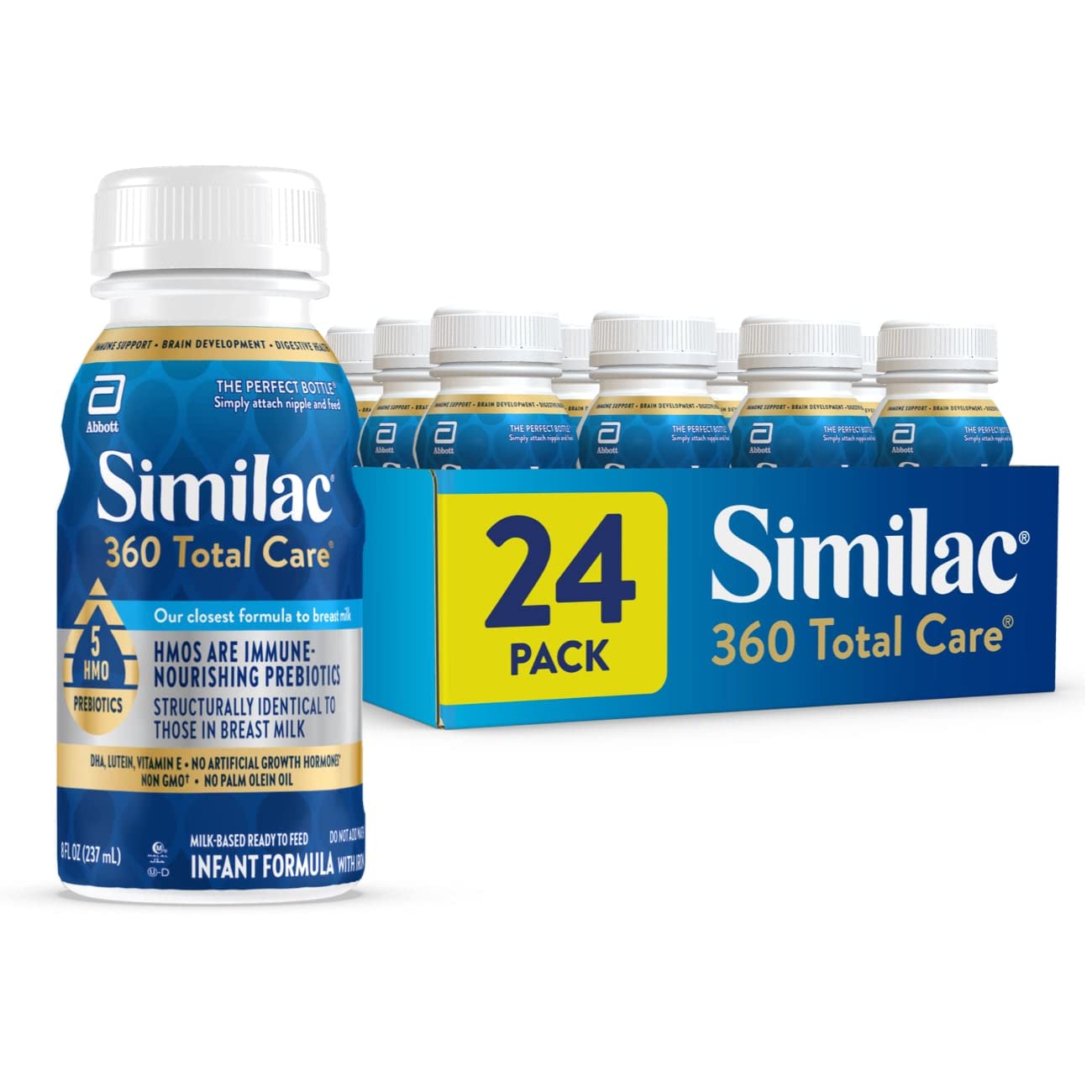 Similac 360 Total Care Infant Formula, Has 5 HMO Prebiotics, Our Closest Prebiotic Blend to Breast Milk, Non-GMO, Baby Formula, Ready to Feed, 2-fl-oz Bottle, Pack of 48