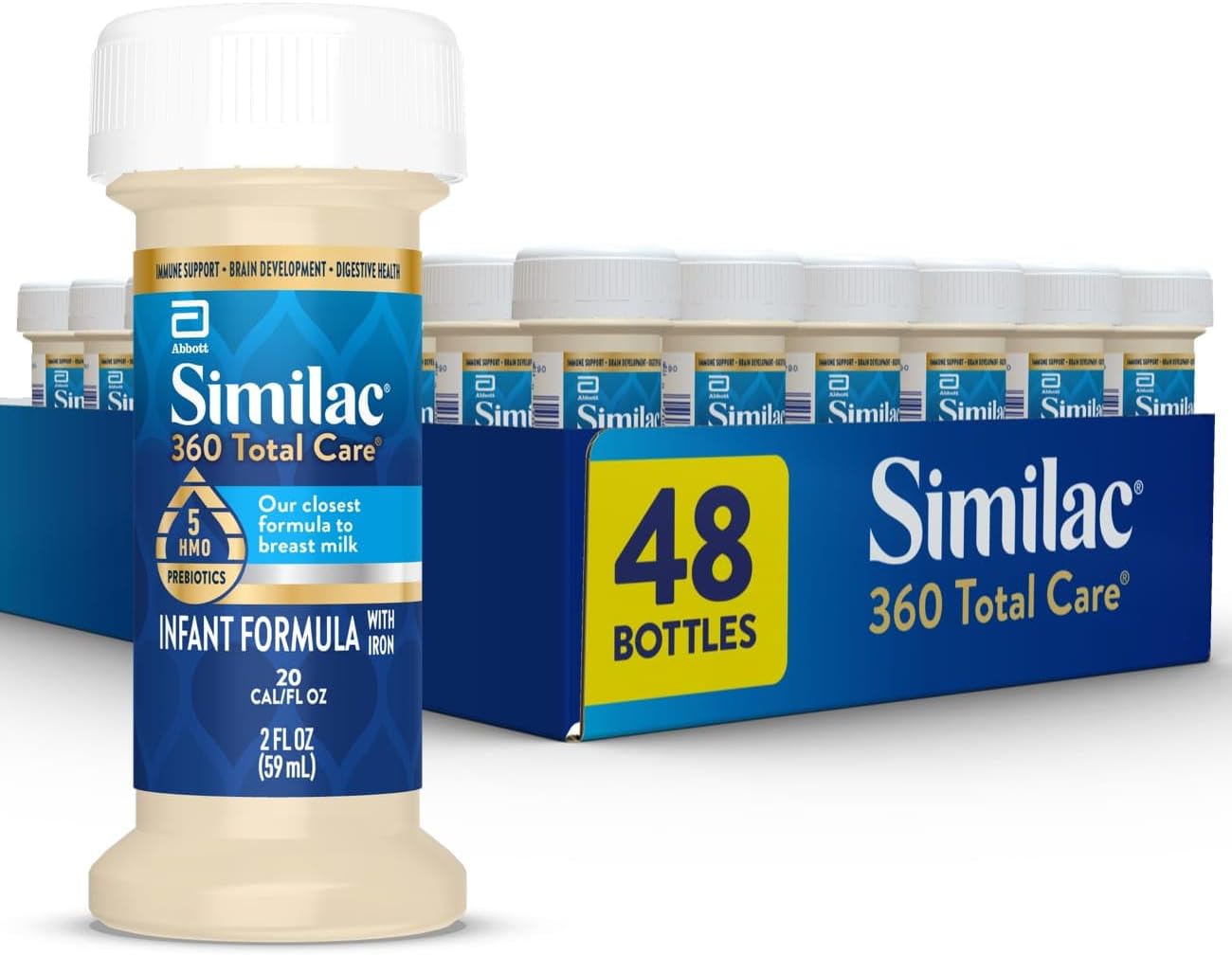 Similac 360 Total Care Infant Formula, Has 5 HMO Prebiotics, Our Closest Prebiotic Blend to Breast Milk, Non-GMO, Baby Formula, Ready to Feed, 2-fl-oz Bottle, Pack of 48