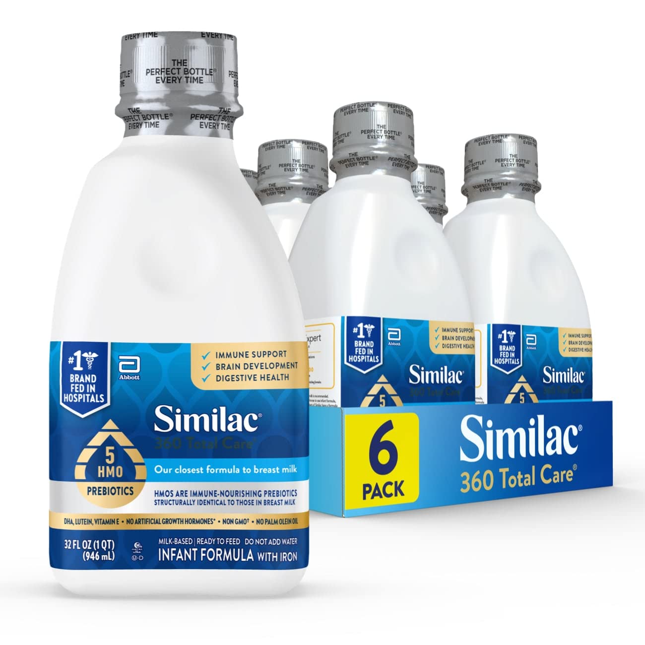 Similac 360 Total Care Infant Formula, Has 5 HMO Prebiotics, Our Closest Prebiotic Blend to Breast Milk, Non-GMO, Baby Formula, Ready to Feed, 2-fl-oz Bottle, Pack of 48