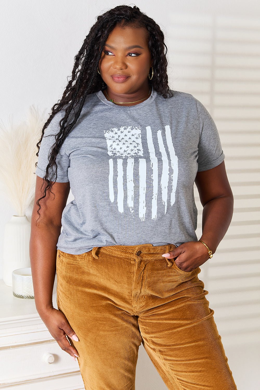 Simply Love US Flag Graphic Cuffed Sleeve T-Shirt for Women's Size S - XL Excellent design