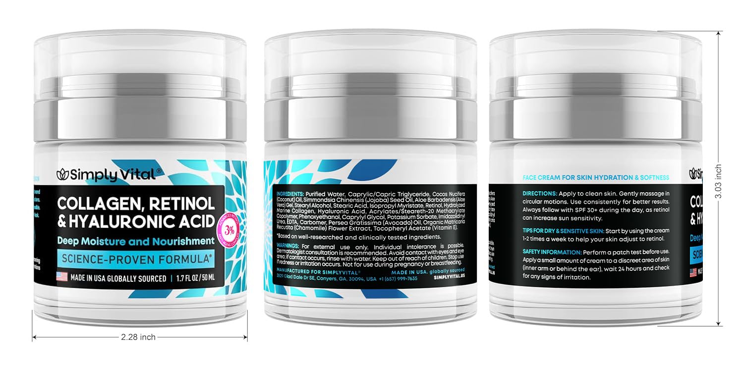 SimplyVital Collagen, Retinol & Hyaluronic Acid Cream - Anti-Aging Face Moisturizer for Face, Firming Skin Care Neck & Décolleté - Made in USA, Daily Moisturizer Face Cream Day & Night - 1.7 fl.oz.
