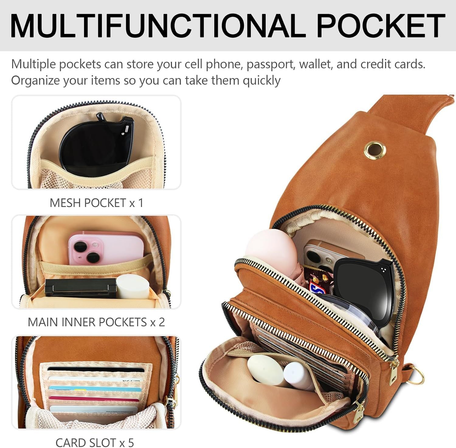 Sling Bag For Women, Leather Fanny Pack With Detachable Strap, Crossbody Chest Bag With Anti Theft For Travel(Black And Brown)