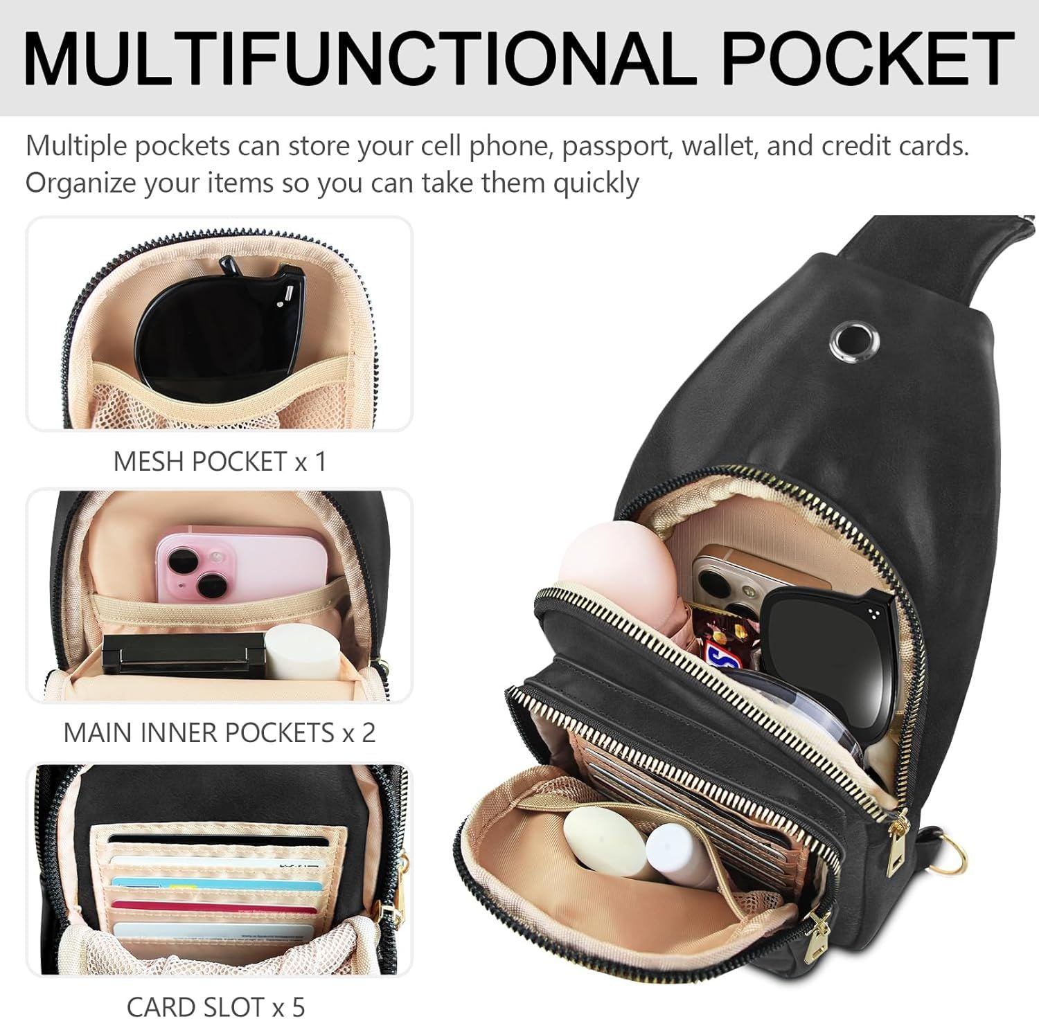 Sling Bag For Women, Leather Fanny Pack With Detachable Strap, Crossbody Chest Bag With Anti Theft For Travel(Black And Brown)
