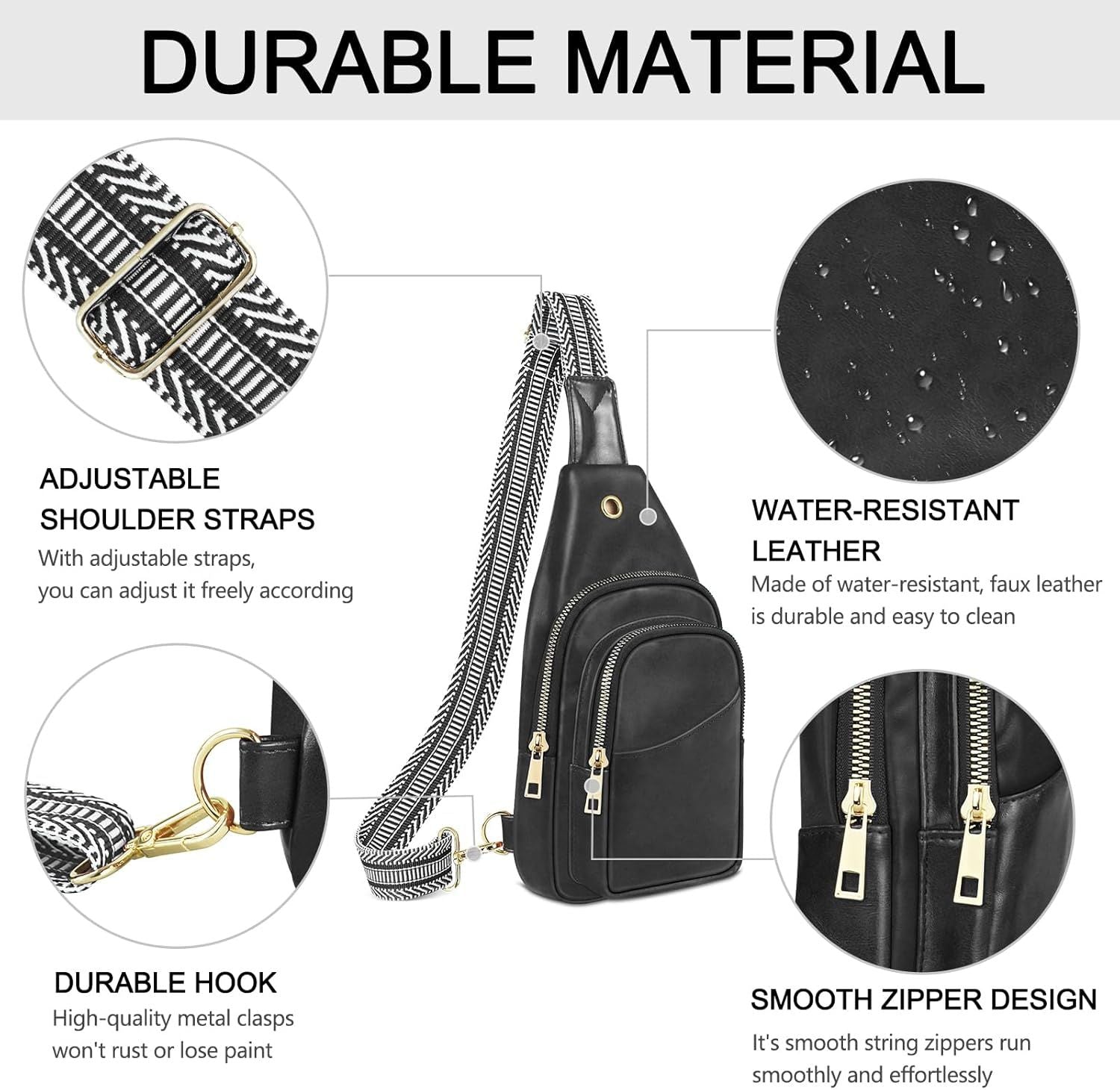 Sling Bag For Women, Leather Fanny Pack With Detachable Strap, Crossbody Chest Bag With Anti Theft For Travel(Black And Brown)