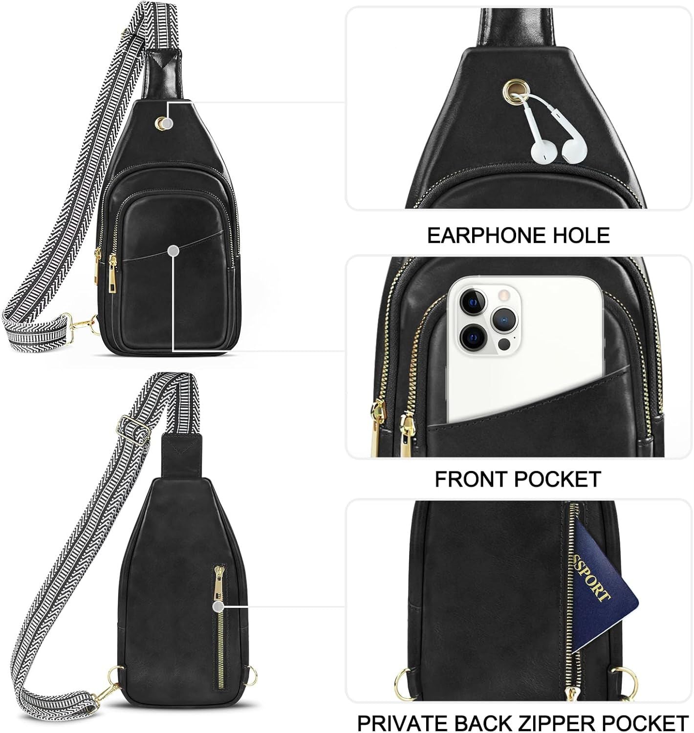 Sling Bag For Women, Leather Fanny Pack With Detachable Strap, Crossbody Chest Bag With Anti Theft For Travel(Black And Brown)