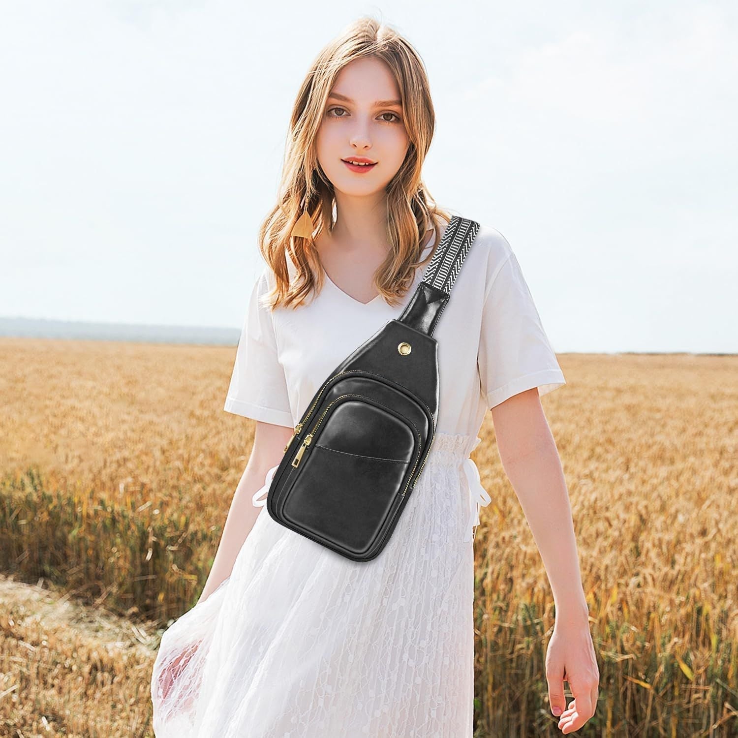 Sling Bag For Women, Leather Fanny Pack With Detachable Strap, Crossbody Chest Bag With Anti Theft For Travel(Black And Brown)