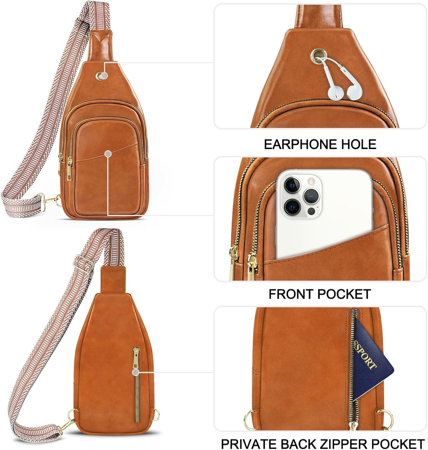 Sling Bag For Women, Leather Fanny Pack With Detachable Strap, Crossbody Chest Bag With Anti Theft For Travel(Black And Brown)