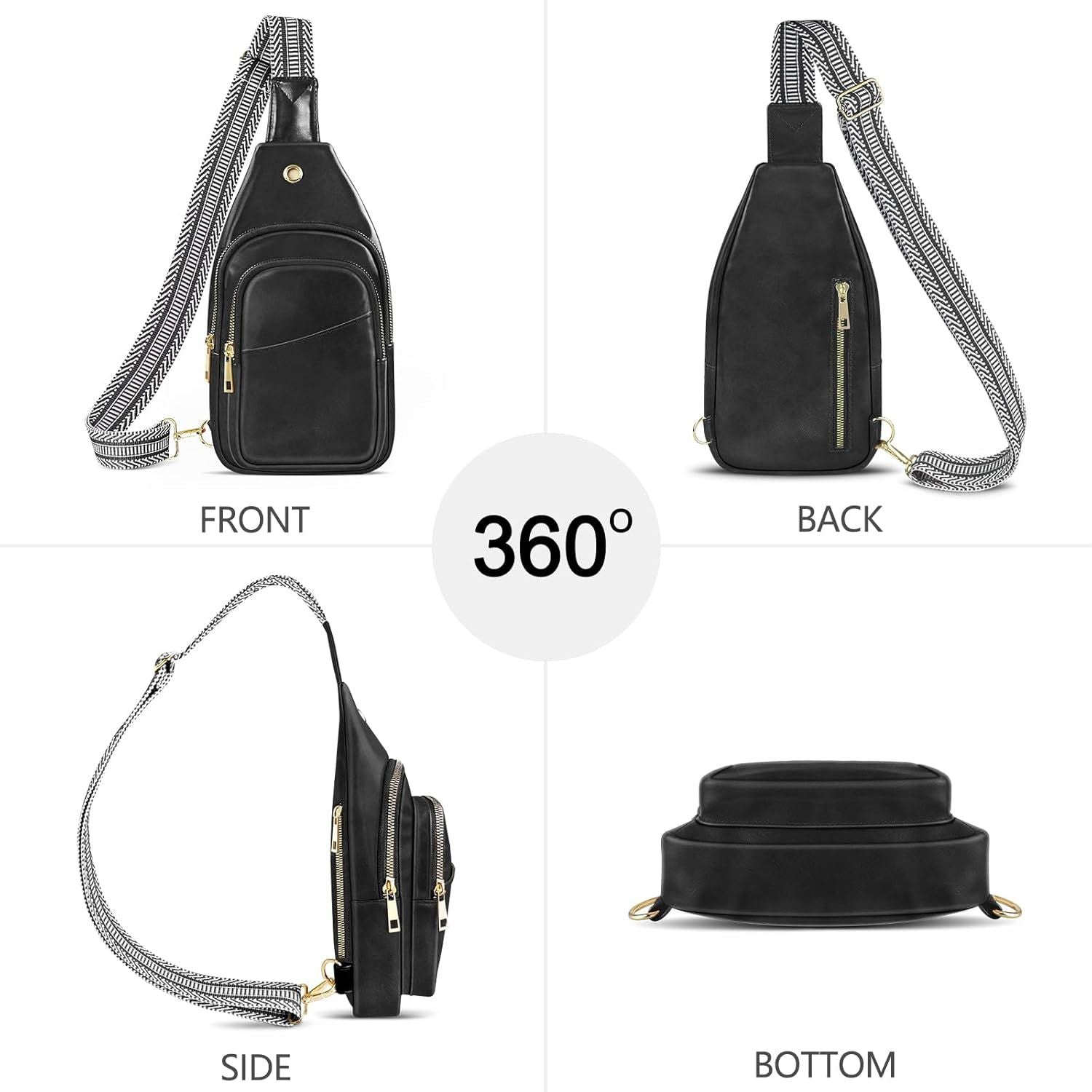 Sling Bag For Women, Leather Fanny Pack With Detachable Strap, Crossbody Chest Bag With Anti Theft For Travel(Black And Brown)