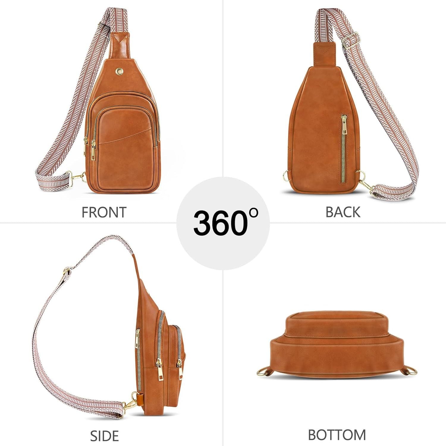 Sling Bag For Women, Leather Fanny Pack With Detachable Strap, Crossbody Chest Bag With Anti Theft For Travel(Black And Brown)