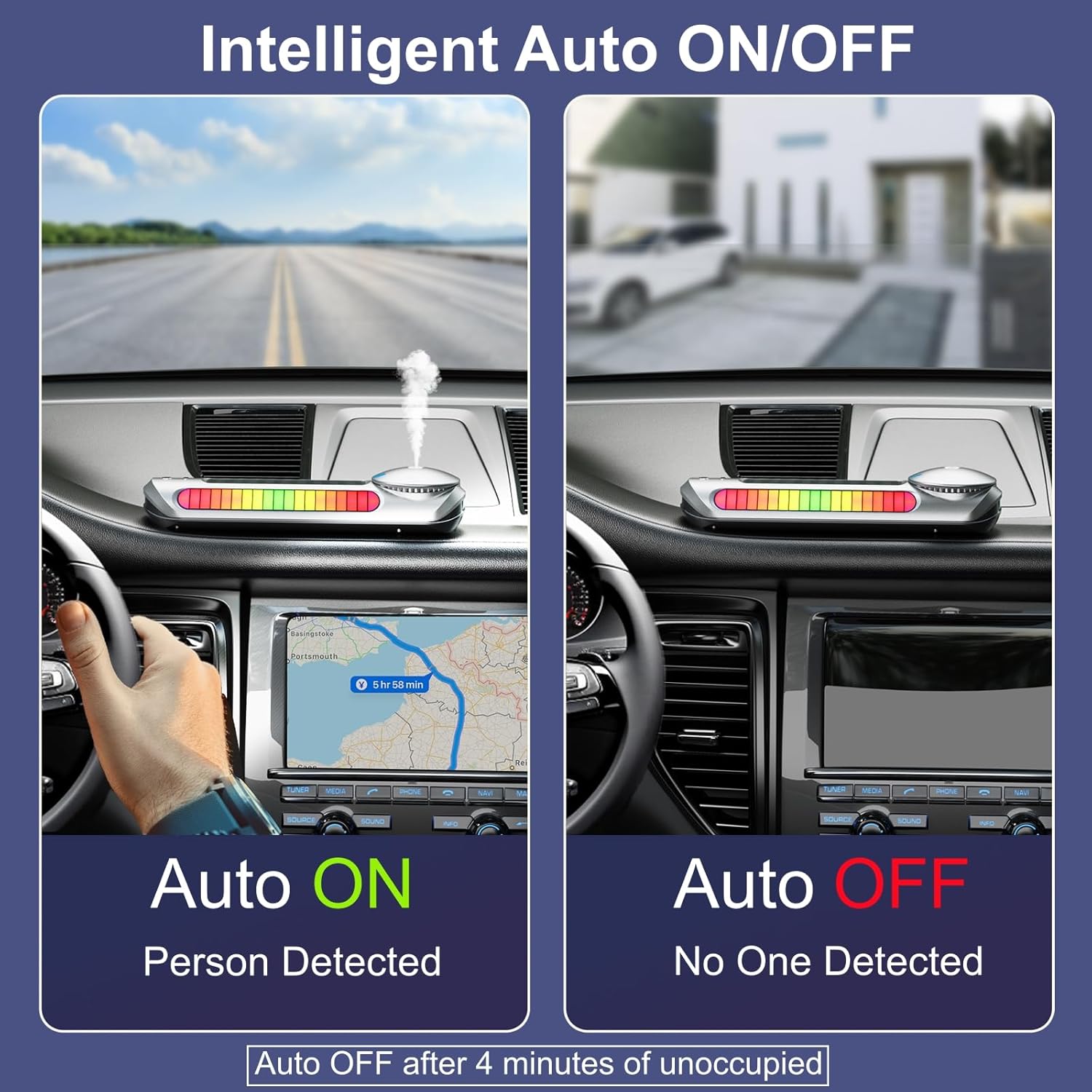 Smart Car Air Freshener Solar Car Diffuser with Auto On/Off, Aluminum Alloy Body, 3 Adjustable Modes, Built-in Battery, Solar or typeC Charing, Ambient Light, Oil Diffuser for Car Black