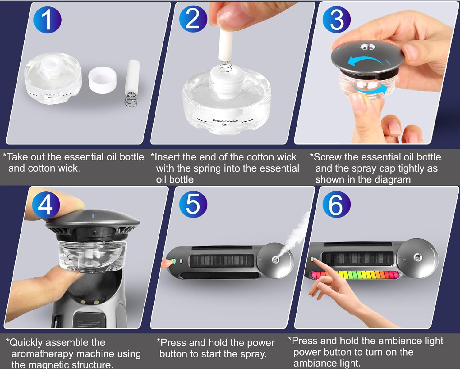 Smart Car Air Freshener Solar Car Diffuser with Auto On/Off, Aluminum Alloy Body, 3 Adjustable Modes, Built-in Battery, Solar or typeC Charing, Ambient Light, Oil Diffuser for Car Black