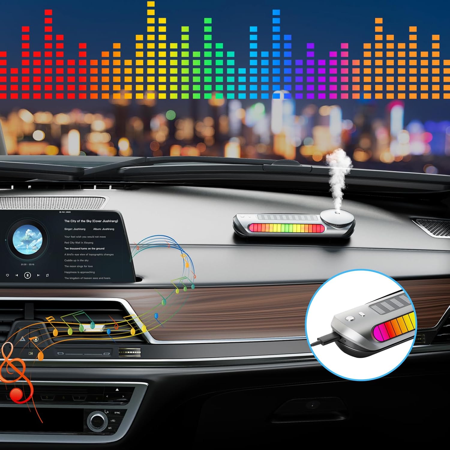 Smart Car Air Freshener Solar Car Diffuser with Auto On/Off, Aluminum Alloy Body, 3 Adjustable Modes, Built-in Battery, Solar or typeC Charing, Ambient Light, Oil Diffuser for Car Black