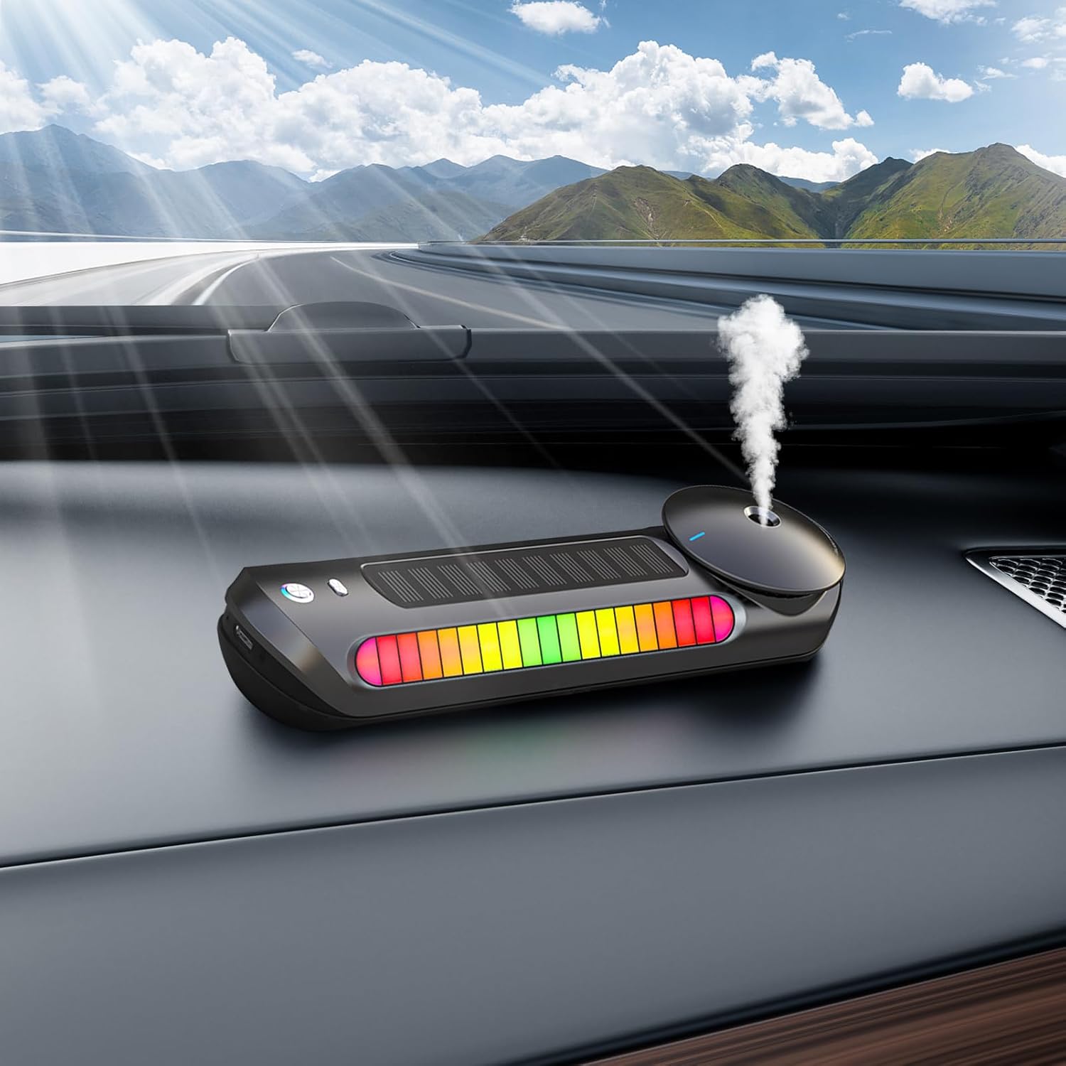 Smart Car Air Freshener Solar Car Diffuser with Auto On/Off, Aluminum Alloy Body, 3 Adjustable Modes, Built-in Battery, Solar or typeC Charing, Ambient Light, Oil Diffuser for Car Black