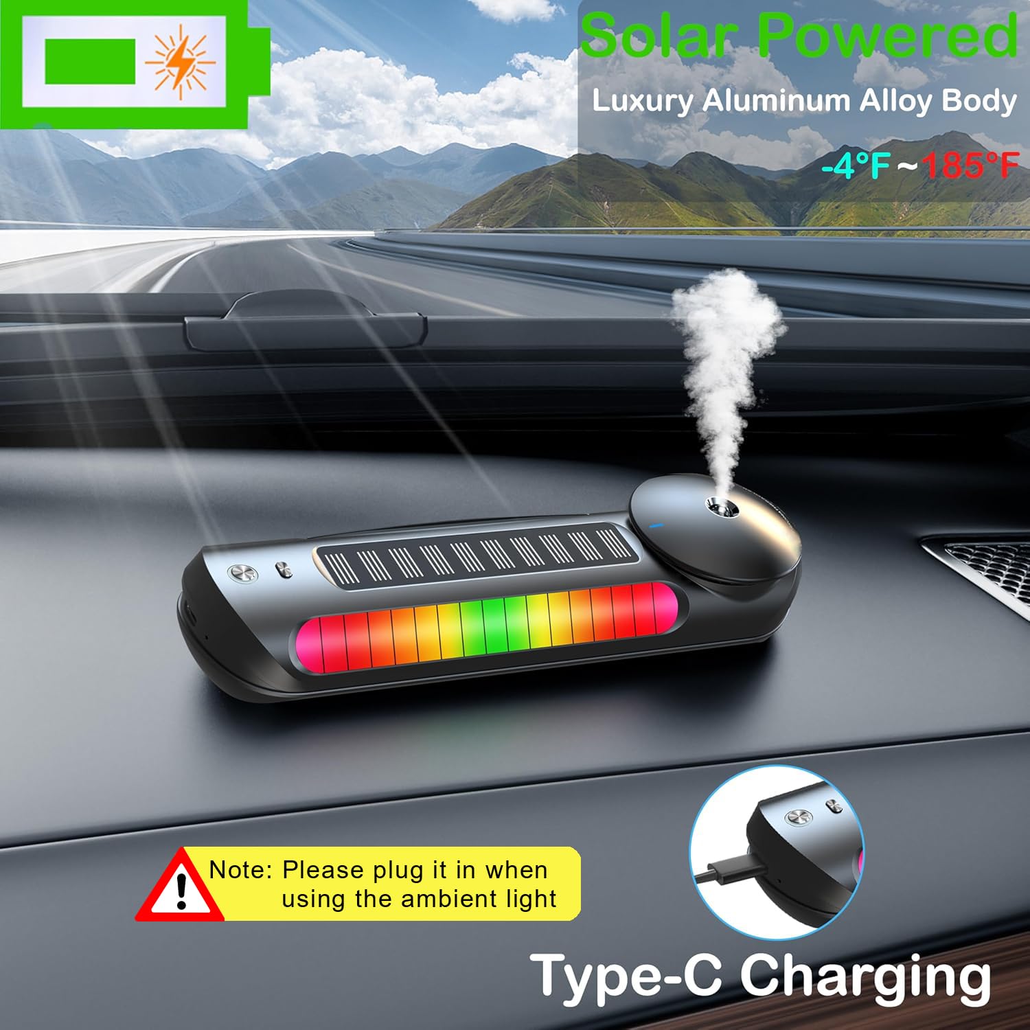 Smart Car Air Freshener with Solar, Car Diffuser with Auto On/Off, Aluminum Alloy Body, 3 Adjustable Concentration, Built-in Battery, Ambient Light, Best Essential Oil Diffuser for Car Black