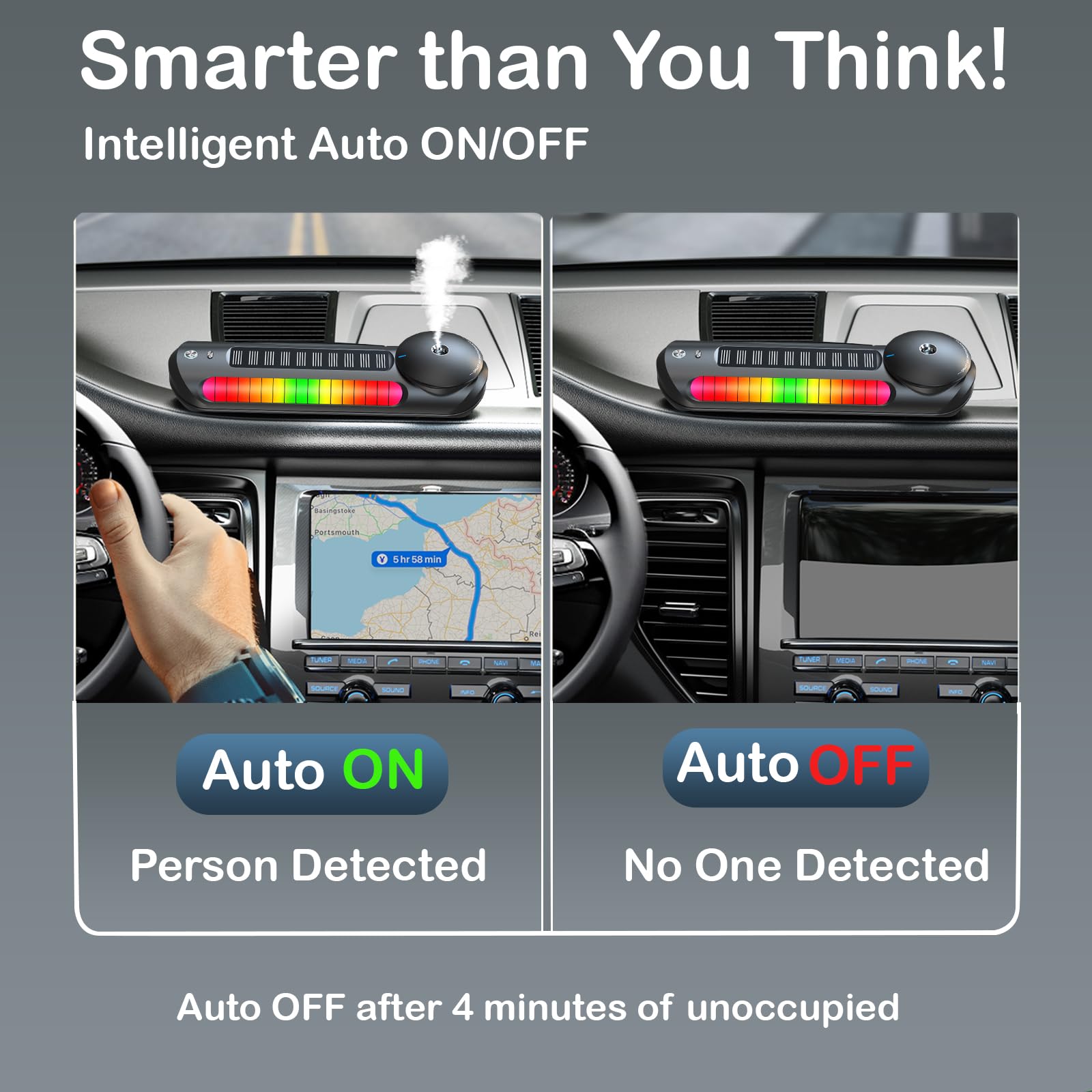 Smart Car Air Freshener with Solar, Car Diffuser with Auto On/Off, Aluminum Alloy Body, 3 Adjustable Concentration, Built-in Battery, Ambient Light, Best Essential Oil Diffuser for Car Black