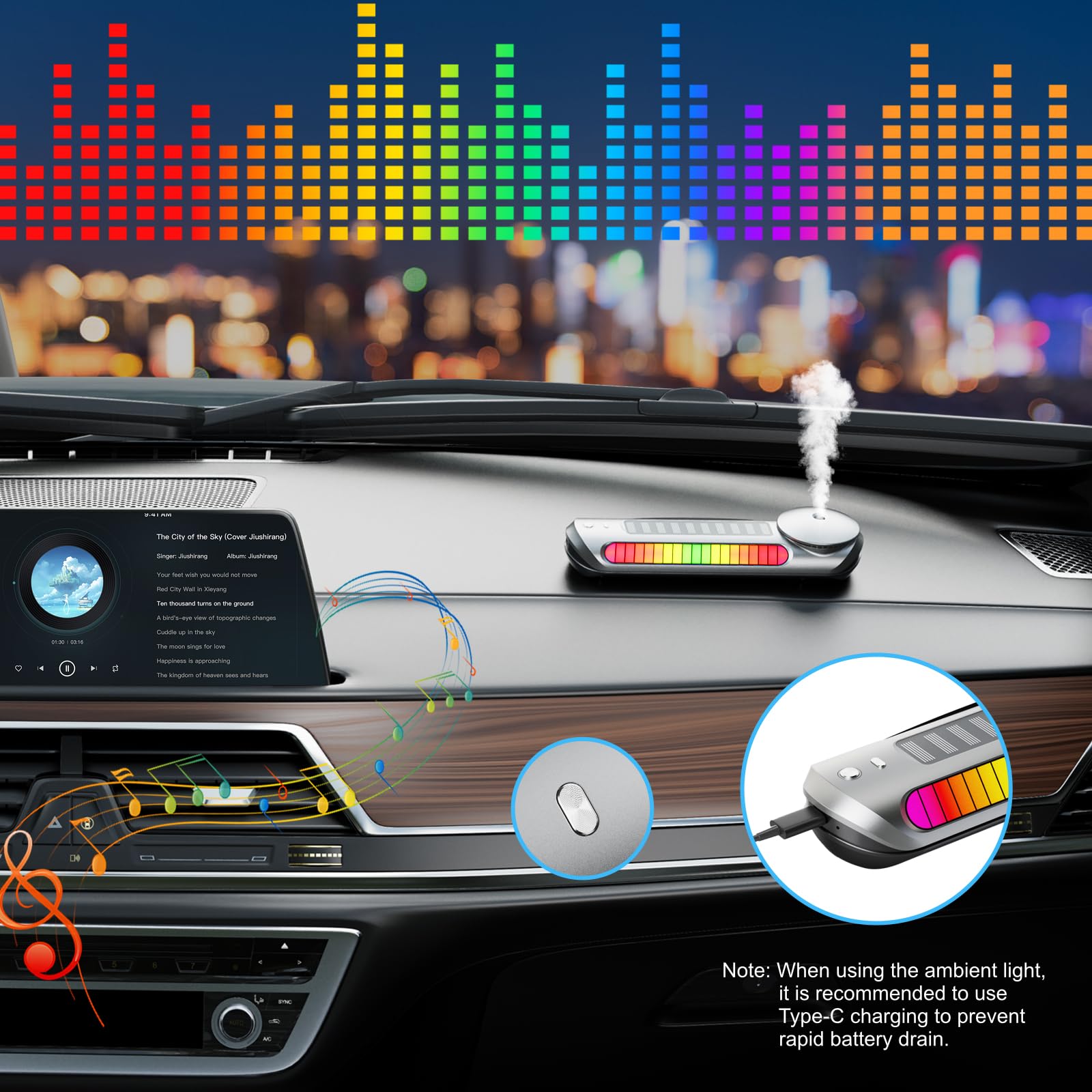 Smart Car Air Freshener with Solar, Car Diffuser with Auto On/Off, Aluminum Alloy Body, 3 Adjustable Concentration, Built-in Battery, Ambient Light, Best Essential Oil Diffuser for Car Black