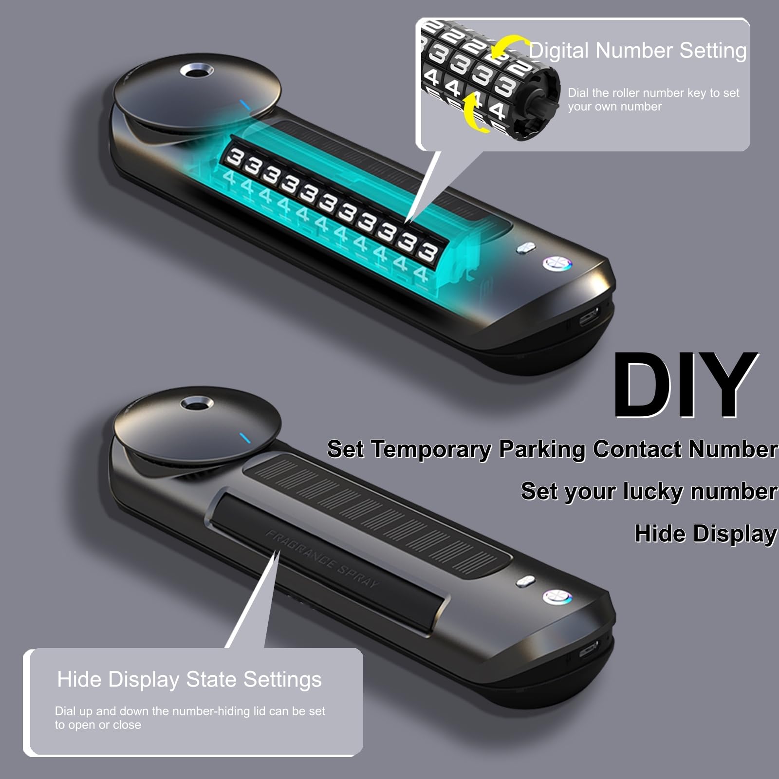 Smart Car Air Freshener with Solar, Car Diffuser with Auto On/Off, Aluminum Alloy Body, 3 Adjustable Concentration, Built-in Battery, Ambient Light, Best Essential Oil Diffuser for Car Black