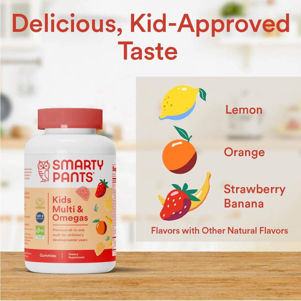 SmartyPants Kids Multivitamin Gummies: Omega 3 Fish Oil (EPA/DHA), Vitamin D3, C, Vitamin B12, B6, A, K & Zinc for Immune Support, Biotin, Gluten Free, Three Fruit Flavors, 120 Count (30 Day Supply)