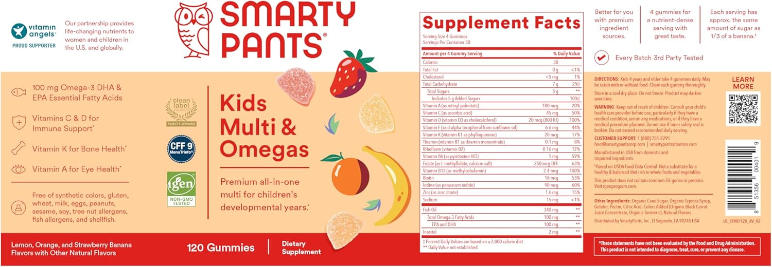 SmartyPants Kids Multivitamin Gummies: Omega 3 Fish Oil (EPA/DHA), Vitamin D3, C, Vitamin B12, B6, A, K & Zinc for Immune Support, Biotin, Gluten Free, Three Fruit Flavors, 120 Count (30 Day Supply)