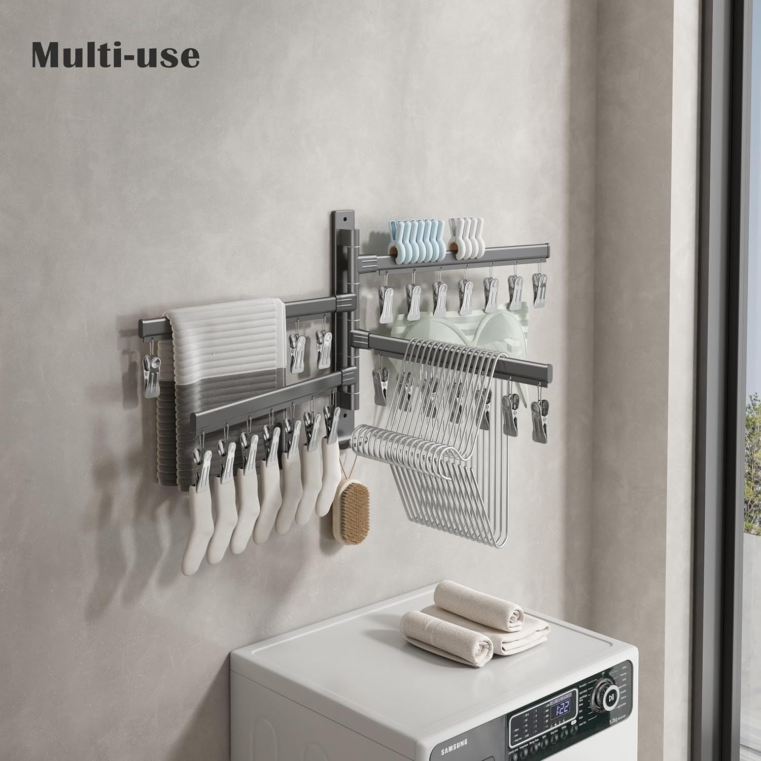 Sock Drying Rack Wall Mounted Rotate Drying Hangers with 28 Clips Laundry Rack for Bra Gloves Hat Baby Cloth Underwear