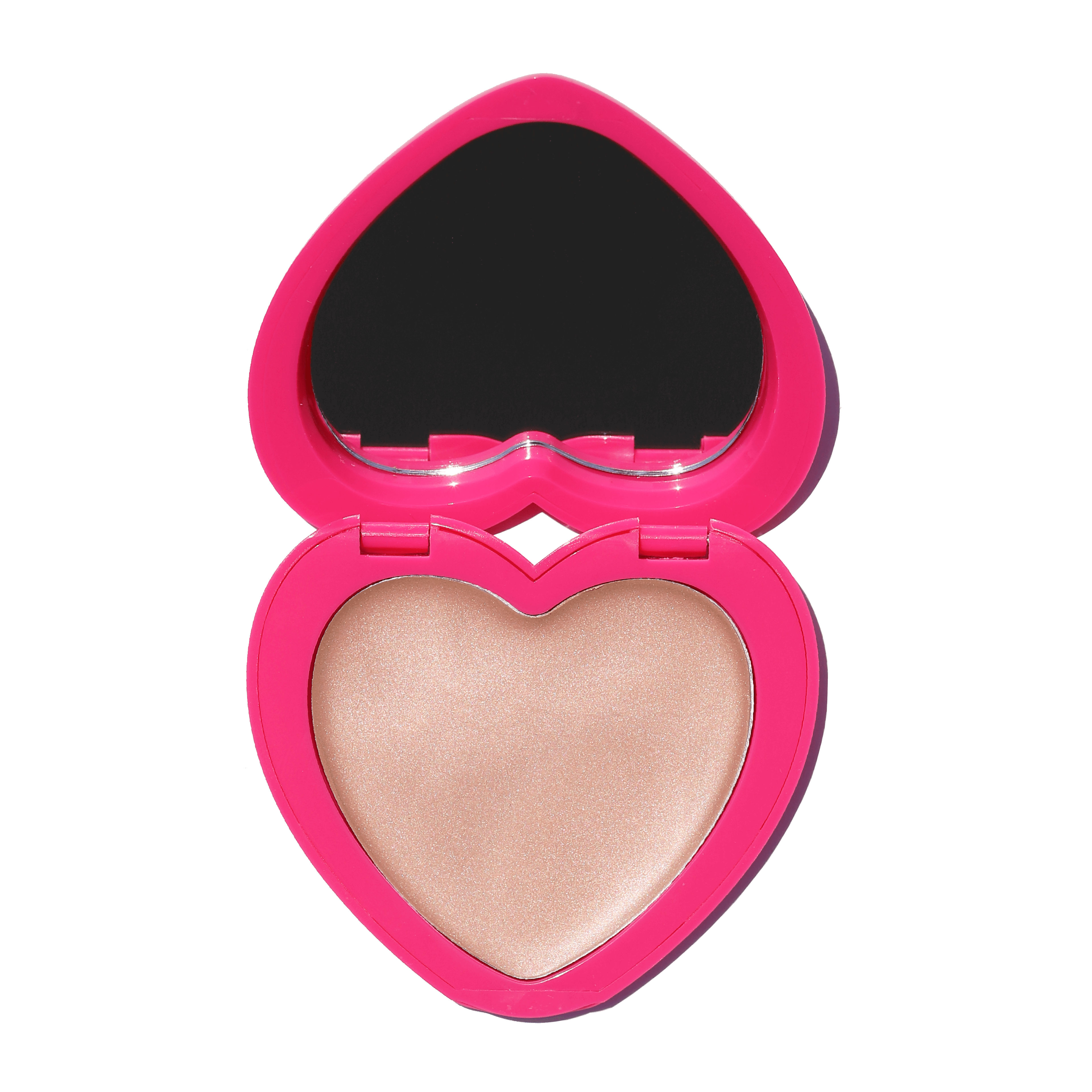 Pink heart-shaped compact featuring Candy Paint Cream Highlighter with a mirror, designed for dewy, radiant skin applications on cheeks, lips, and eyelids.