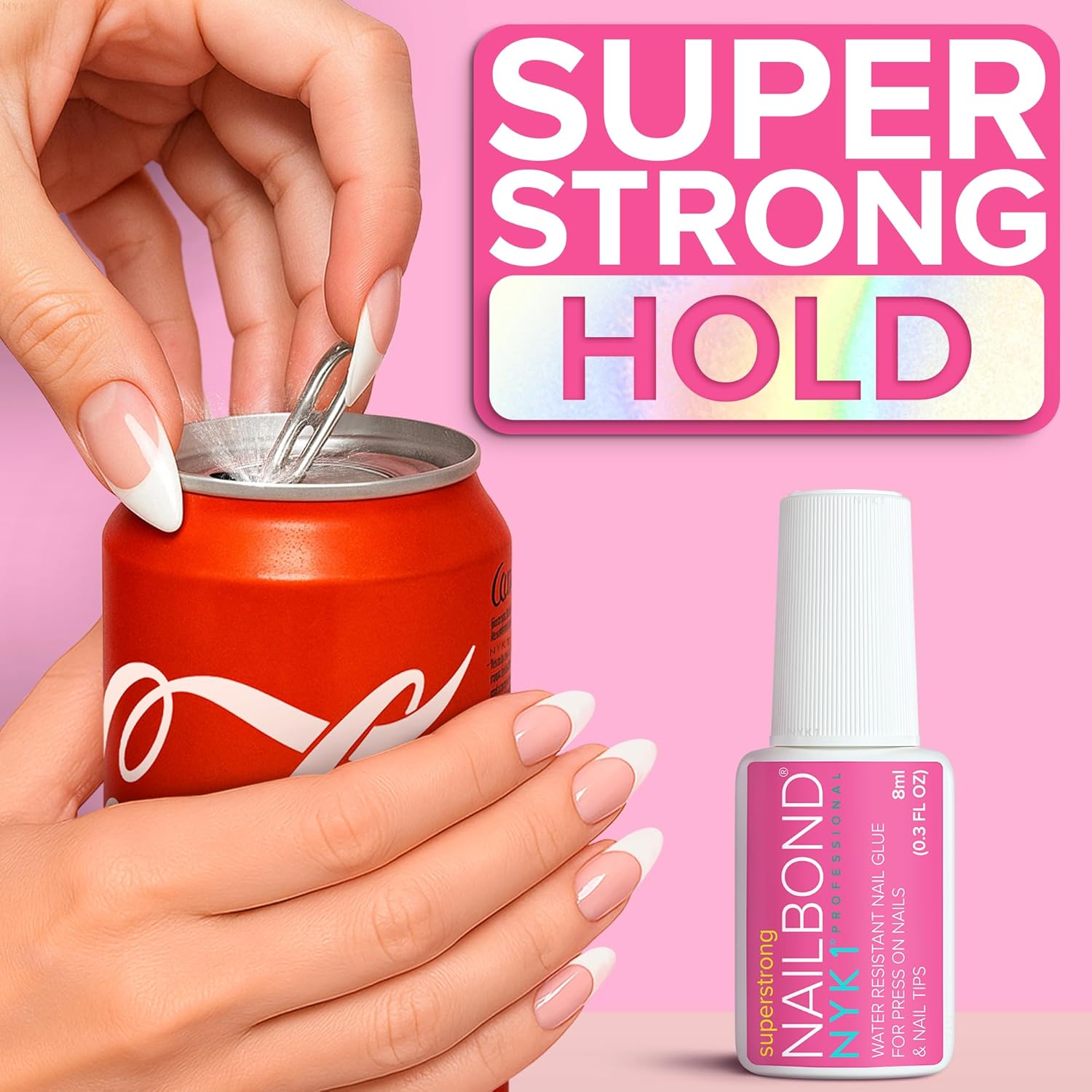 Super Strong Nail Glue for Press On Nails, Nail Tips & Acrylic Nails (8ml) NYK1 NailBond Brush On Glue for Press Ons, Tips & Acrylics - Long Lasting, Maximum Strength, Mess-Free Application