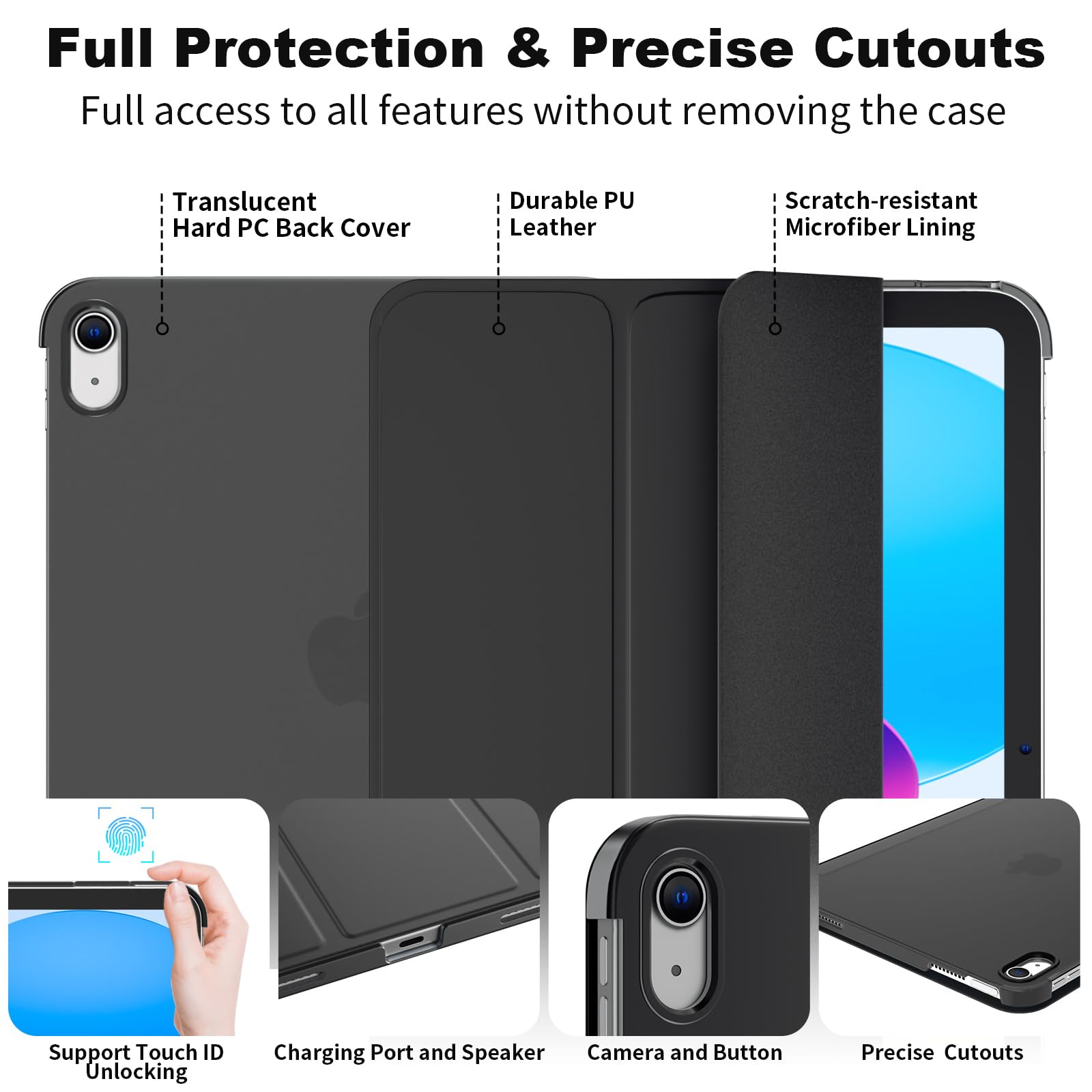 SUPFINE for iPad (A16) 11th Generation Case 11 inch 2025 & iPad 10th Generation Case 10.9 inch 2022, Slim Stand Hard PC Translucent Back Shell Cover (Support Touch ID, Auto Wake/Sleep), Black