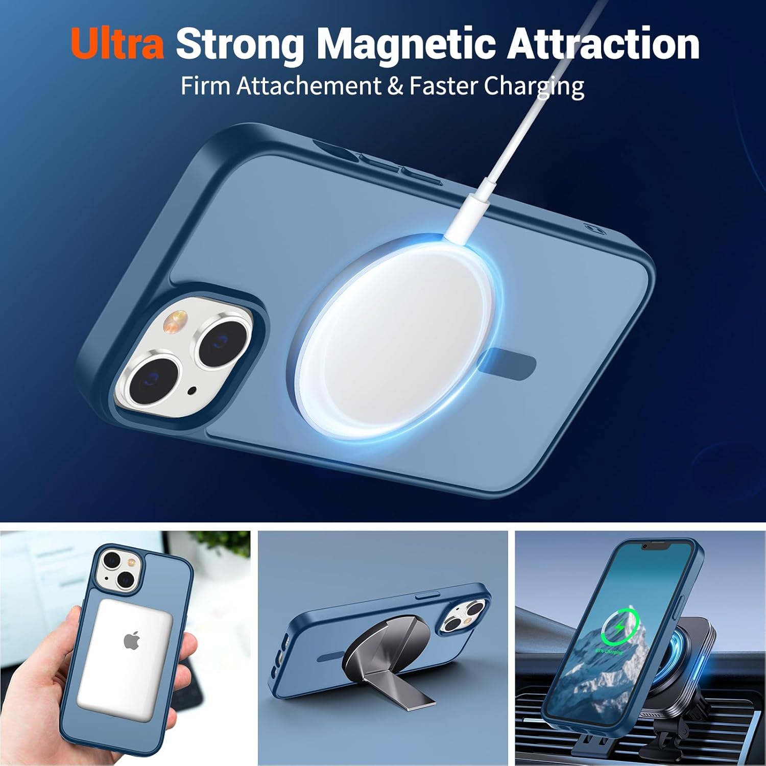 SUPFINE Magnetic for iPhone 15 Plus Case & iPhone 14 Plus Case(Compatible with MagSafe) (Military Grade Drop Protection) Slim Translucent Shockproof with Anti-Fingerprint Phone Case,Deep Blue
